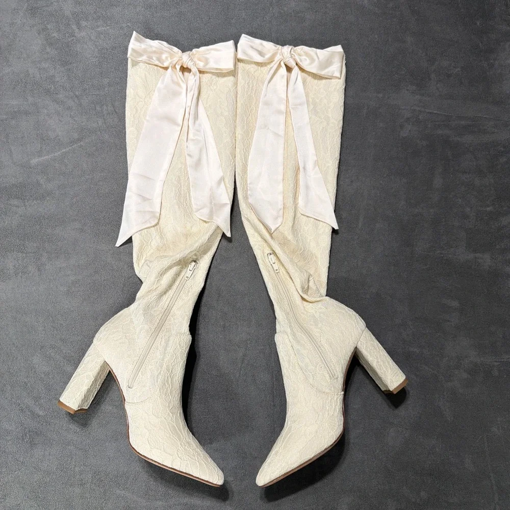Antonio Melani x Nicola Bathie Over-the-Knee Ivory Lace Boots With Bows Size 7.5